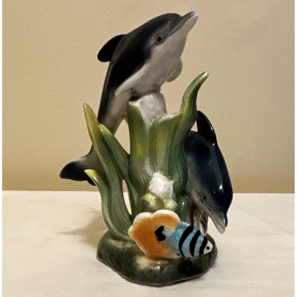 Porcelain Dolphin Figurine Pair with Fish & Seaweed Base Decorative Statue